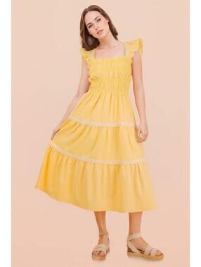 Very J, Butter Yellow Lace Trim Midi Dress Size S m l | ND31741